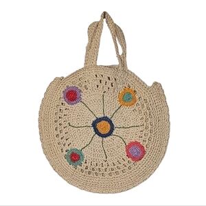 Unique Handmade Cream Crochet Round Tote Bag Multi Colour Rosettes Boho Garden